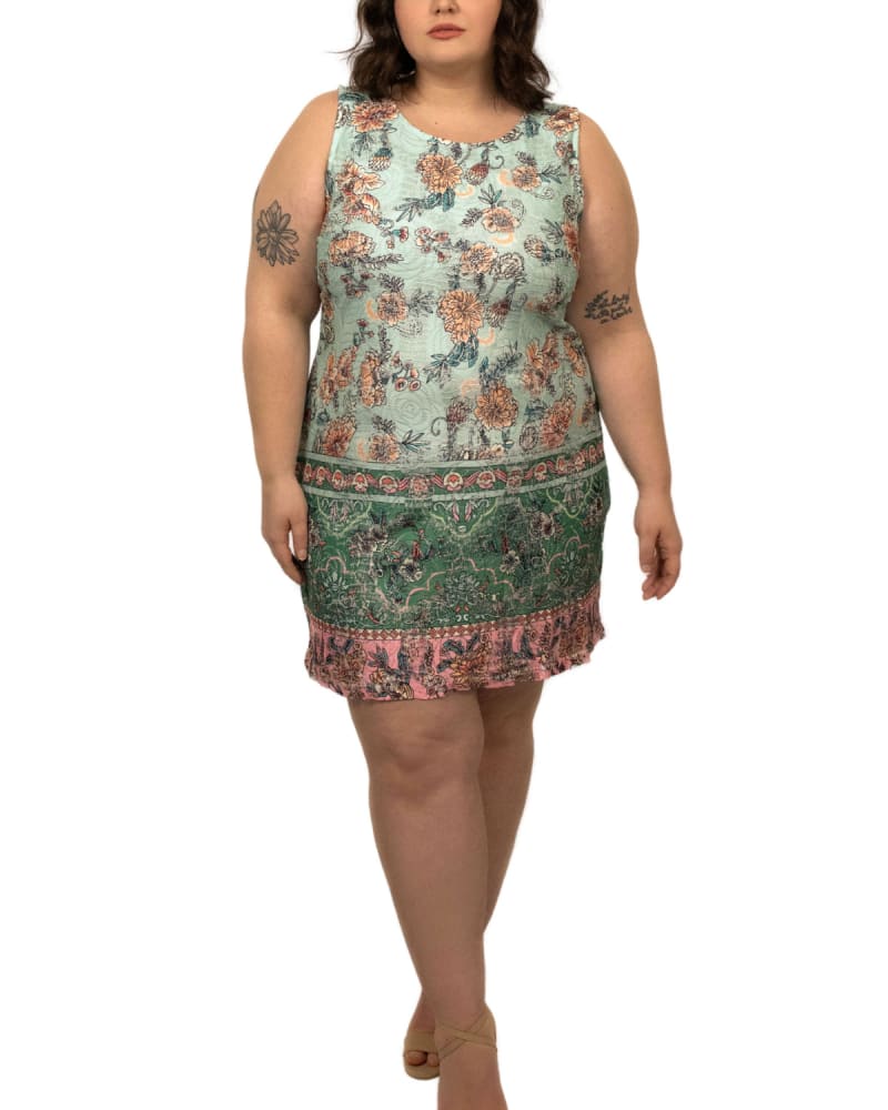 Front of a model wearing a size XL Andrea Short Dress Sleeveless Floral Green in Green by ANNICK. | dia_product_style_image_id:290470